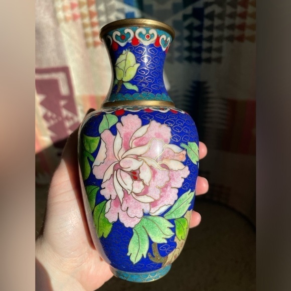 VTG Mid Century Chinese 6" Tall Filagree Enamel Cloisonné Vases Set of 2 Blue - Picture 8 of 14